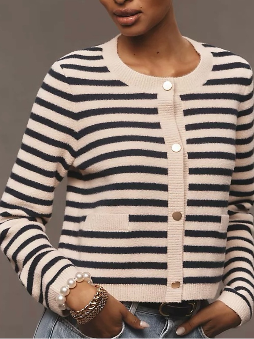 NVLT Cream and Navy blue Striped Button-Front Cardigan